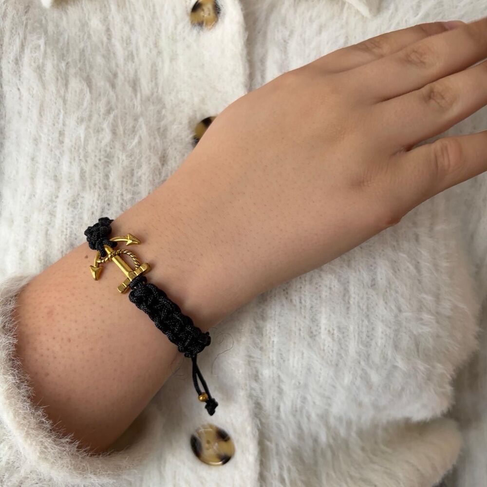 Black Braided Cord Anchor Bracelet Gold Tone Nautical Adjustable Rope - Picture 7 of 8